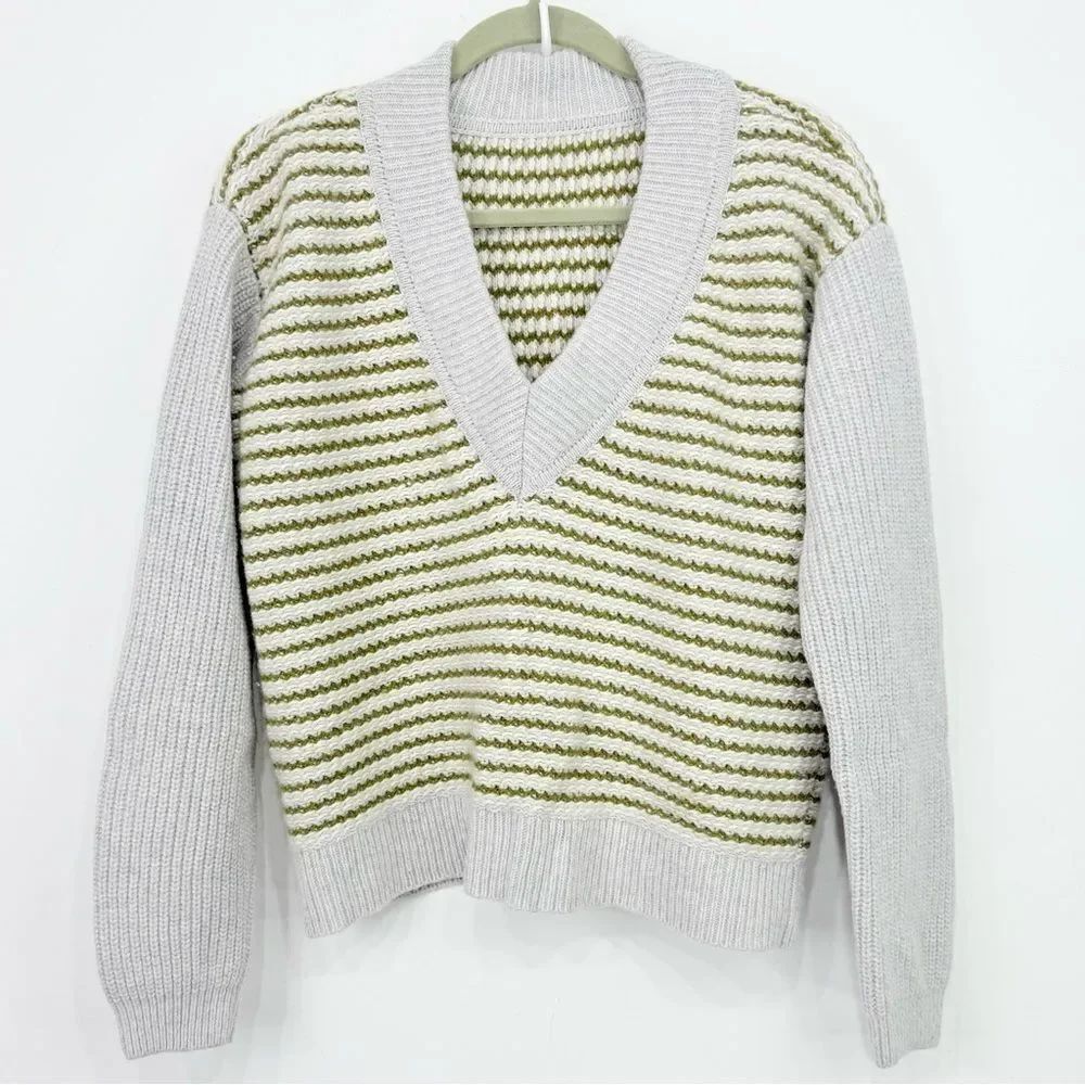 Brandless Gray Olive Striped V Neck Pullover Sweater